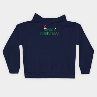 Merry Christmas logo with santa hat, Yellow star, gingerbread cookie and red ribbon on white background Kids Hoodie